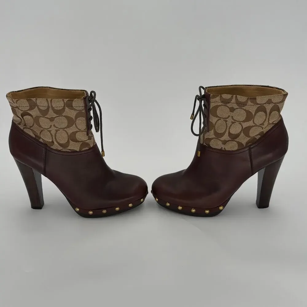 Coach F2370 Ediva Monogram Lace Up Block Heel Booties Brown Leather Size 9